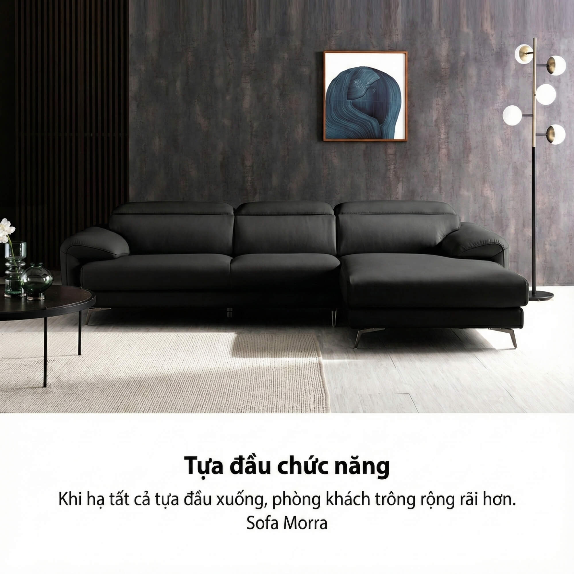 Sofa MORRA – Sofa Da Dáng Góc Hiện Đại Với Tựa Đầu Chức Năng Thư Giãn