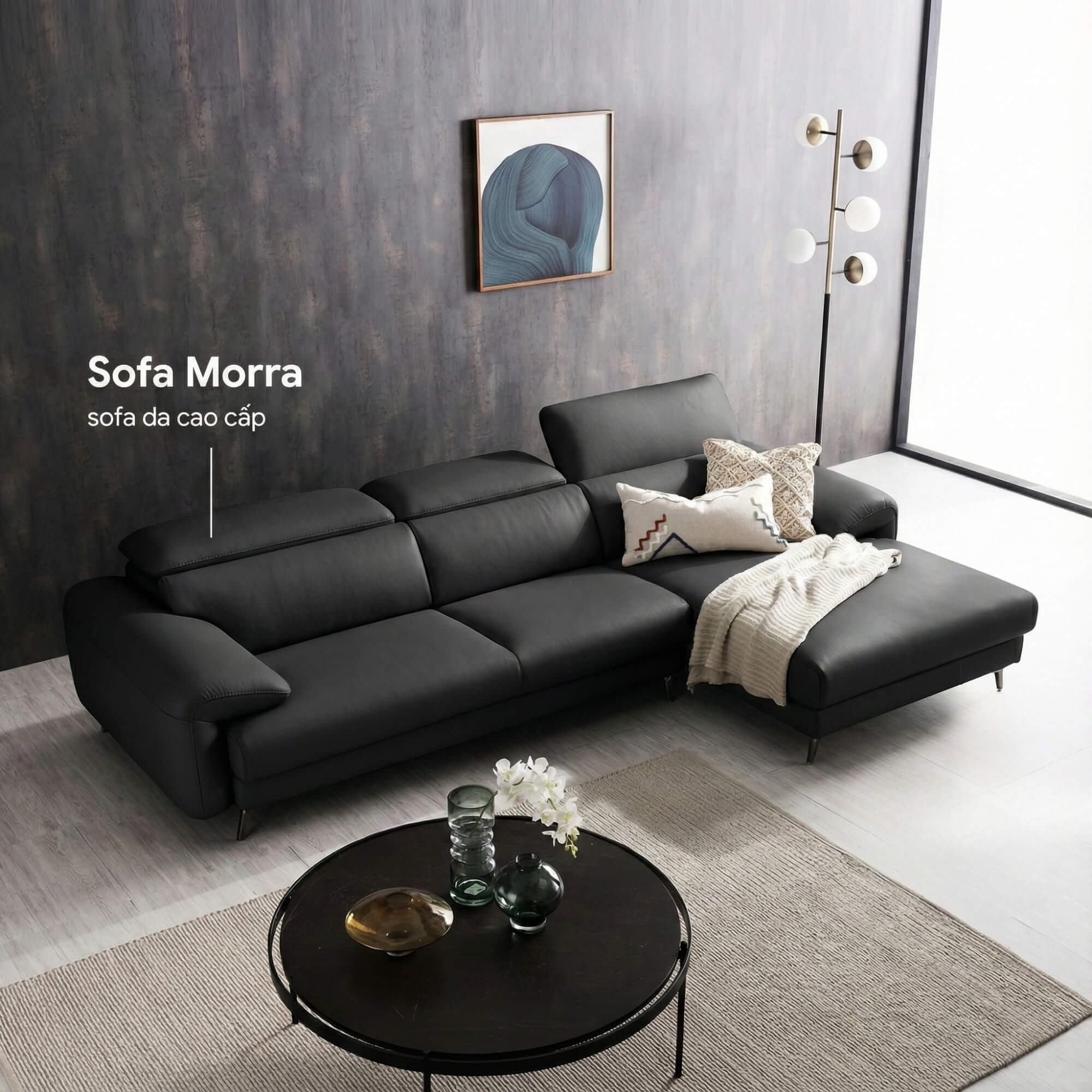 Sofa MORRA – Sofa Da Dáng Góc Hiện Đại Với Tựa Đầu Chức Năng Thư Giãn