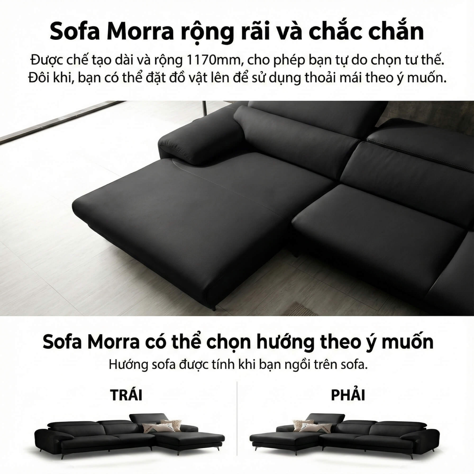 Sofa MORRA – Sofa Da Dáng Góc Hiện Đại Với Tựa Đầu Chức Năng Thư Giãn