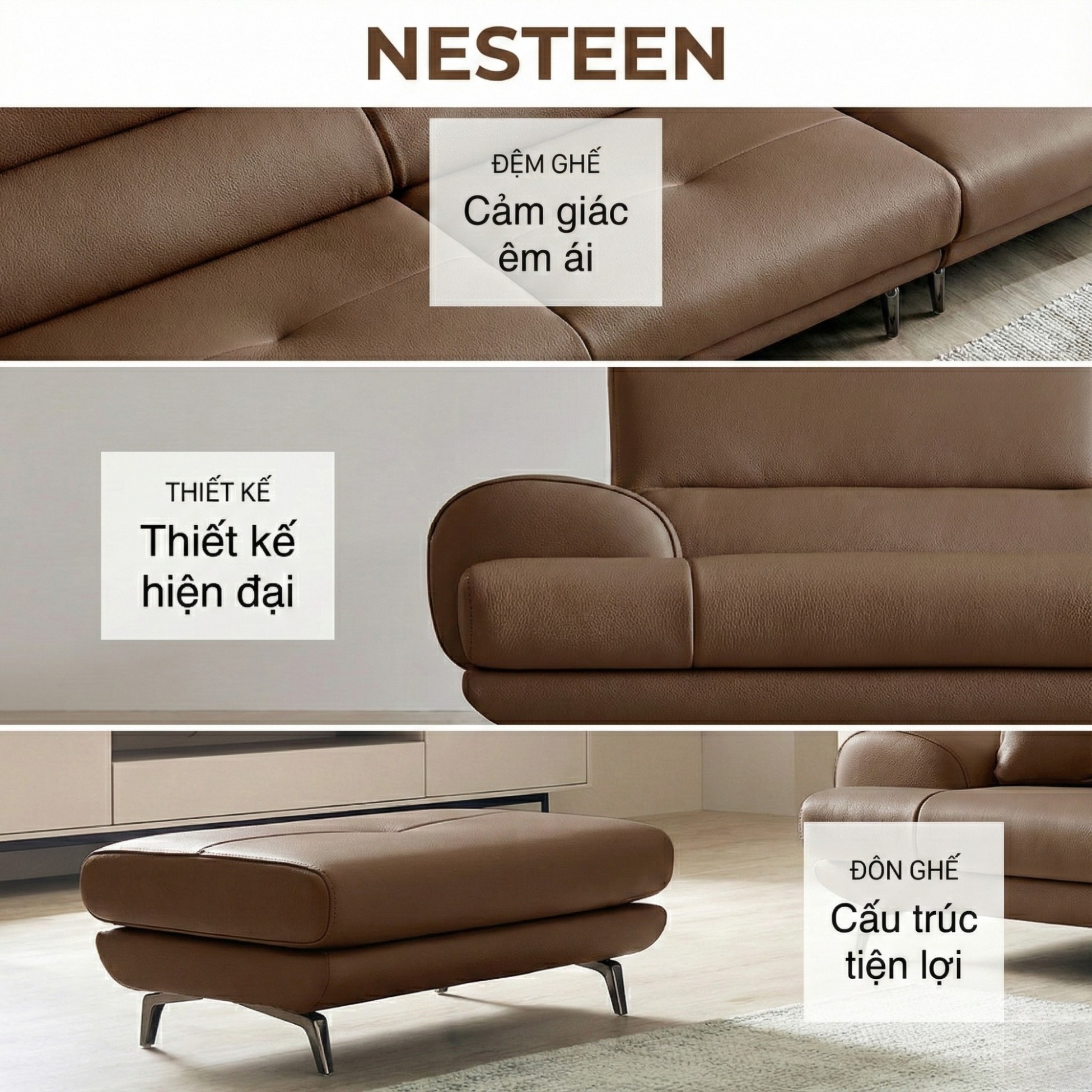 Sofa NESTEEN - Sofa Hiện Đại Bọc Da Cao Cấp Thiết Kế Tay Tròn Độc Đáo 