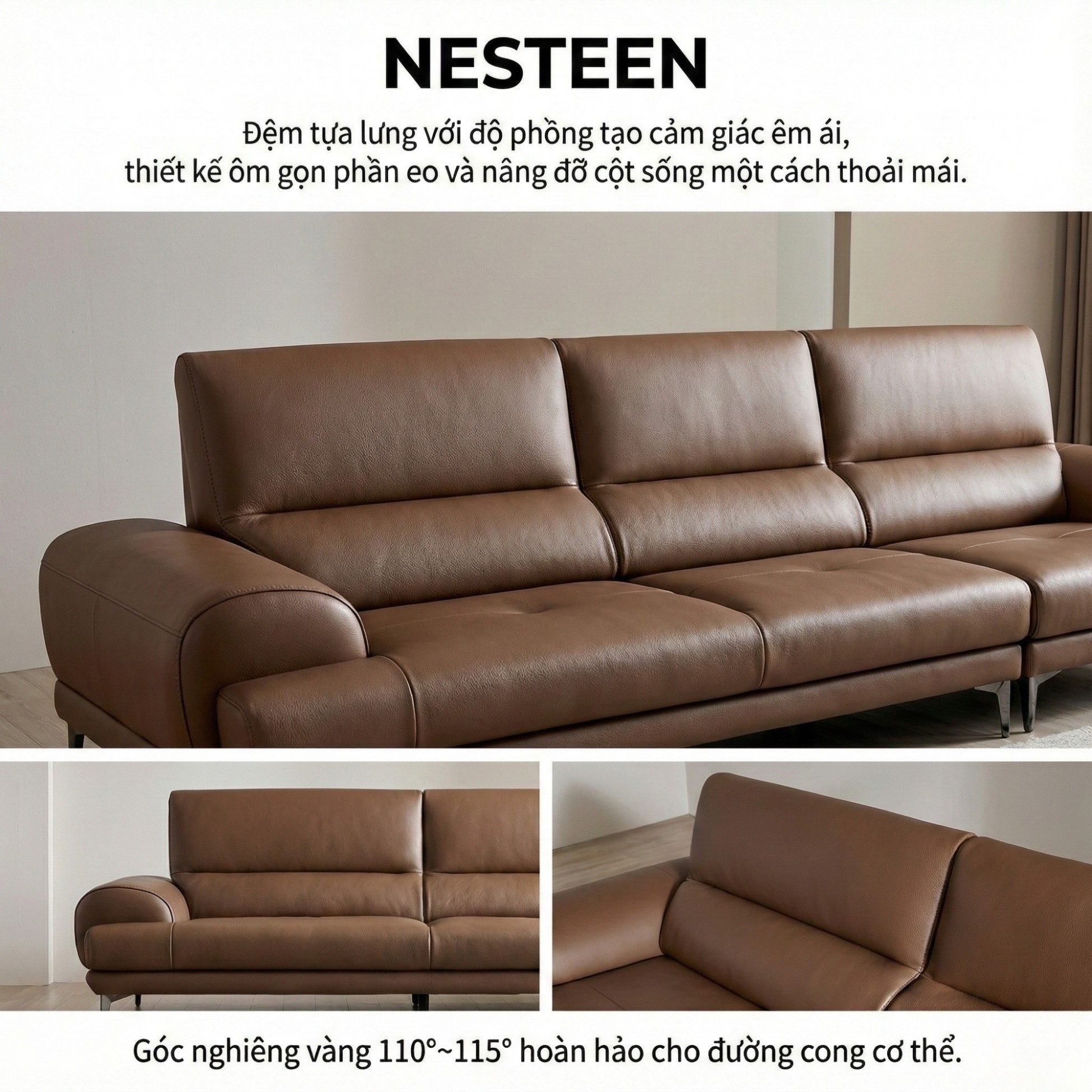 Sofa NESTEEN - Sofa Hiện Đại Bọc Da Cao Cấp Thiết Kế Tay Tròn Độc Đáo 