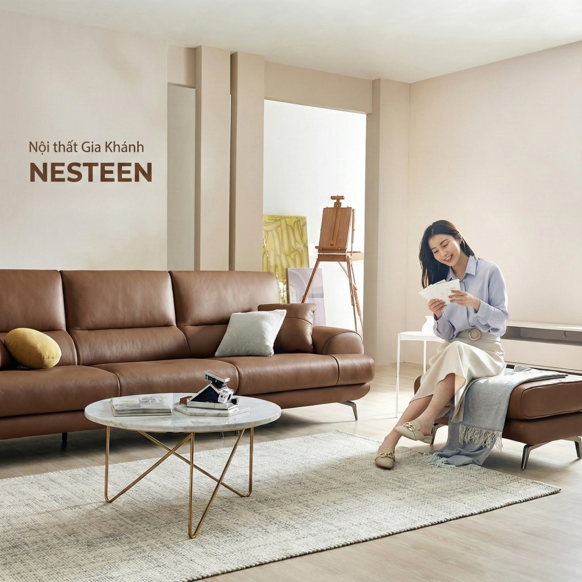 Sofa NESTEEN - Sofa Hiện Đại Bọc Da Cao Cấp Thiết Kế Tay Tròn Độc Đáo 