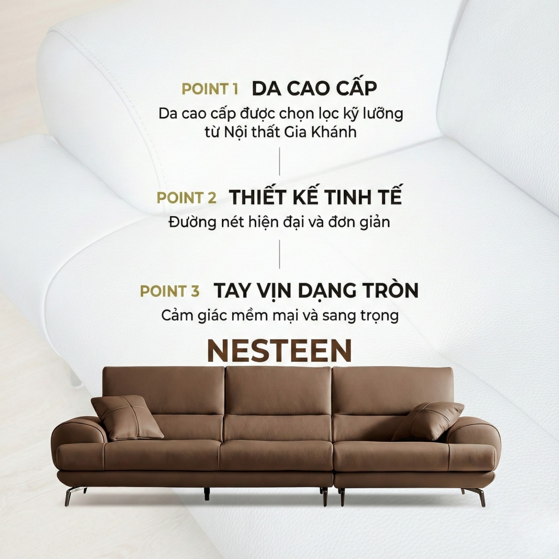 Sofa NESTEEN - Sofa Hiện Đại Bọc Da Cao Cấp Thiết Kế Tay Tròn Độc Đáo 