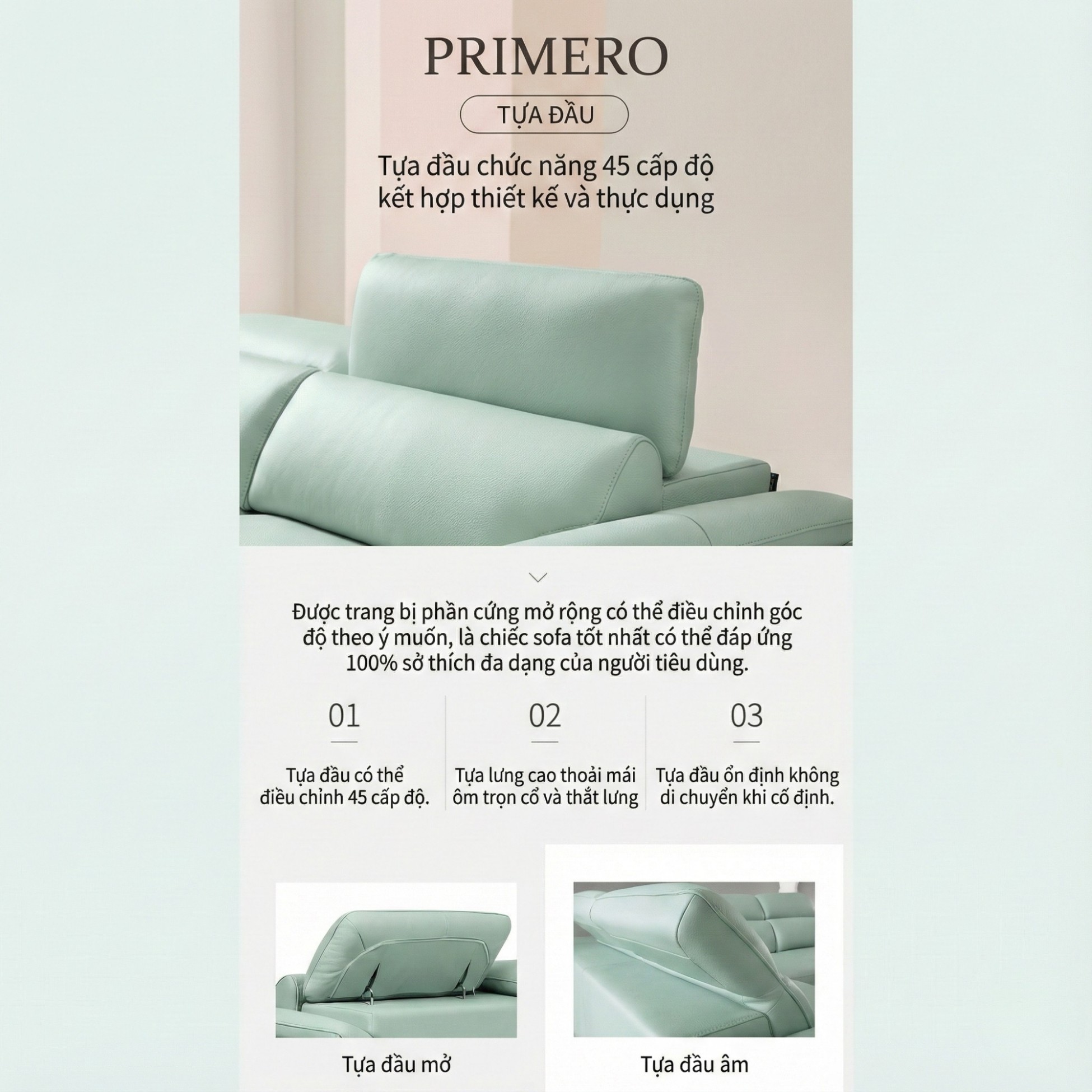 Sofa PRIMERO – Sofa Da Cao Cấp Chữ L Hiện Đại Tựa Đầu Điều Chỉnh 