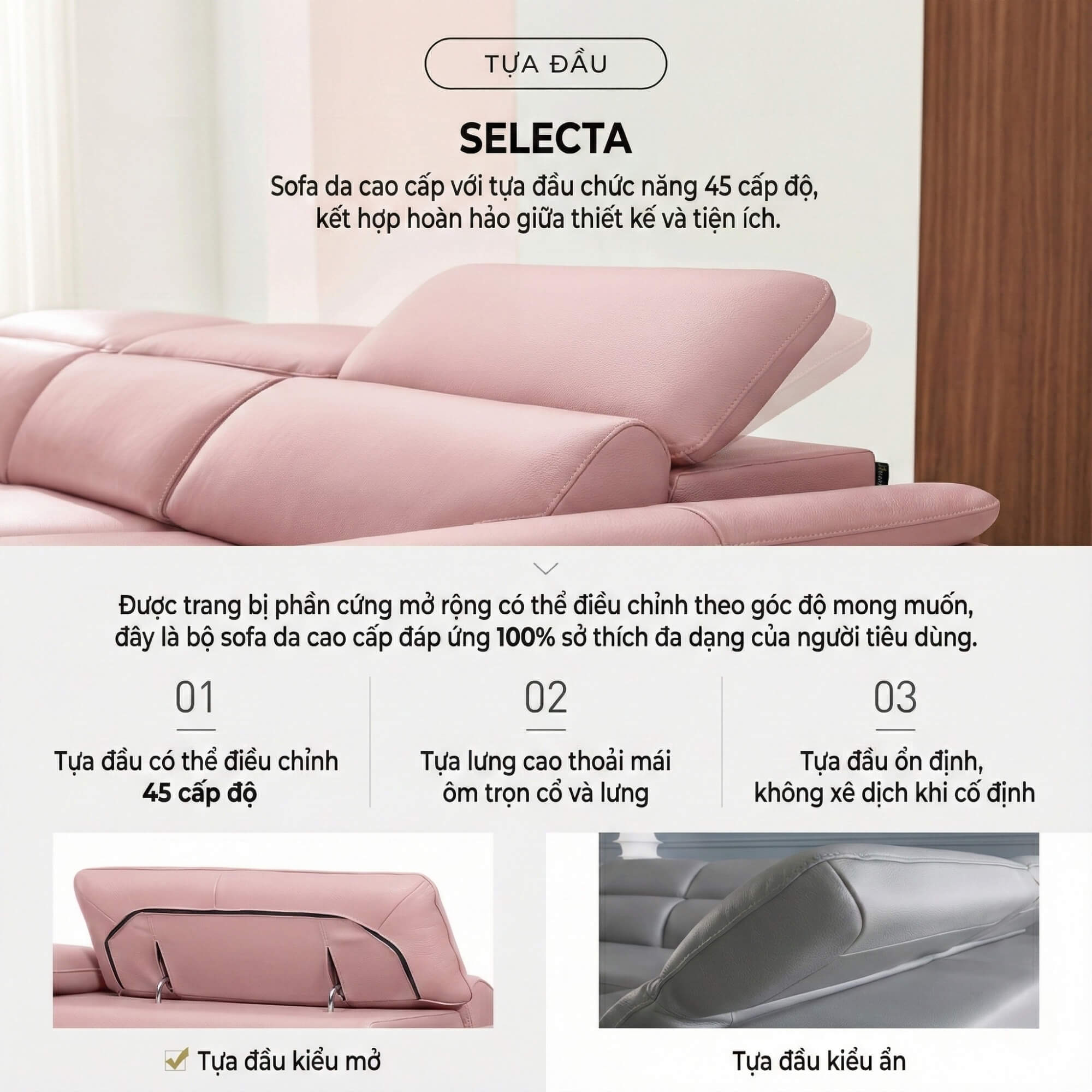 Sofa SELECTA - Sofa Da Cao Cấp Hiện Đại Có Tựa Đầu Điều Chỉnh Thông Minh 