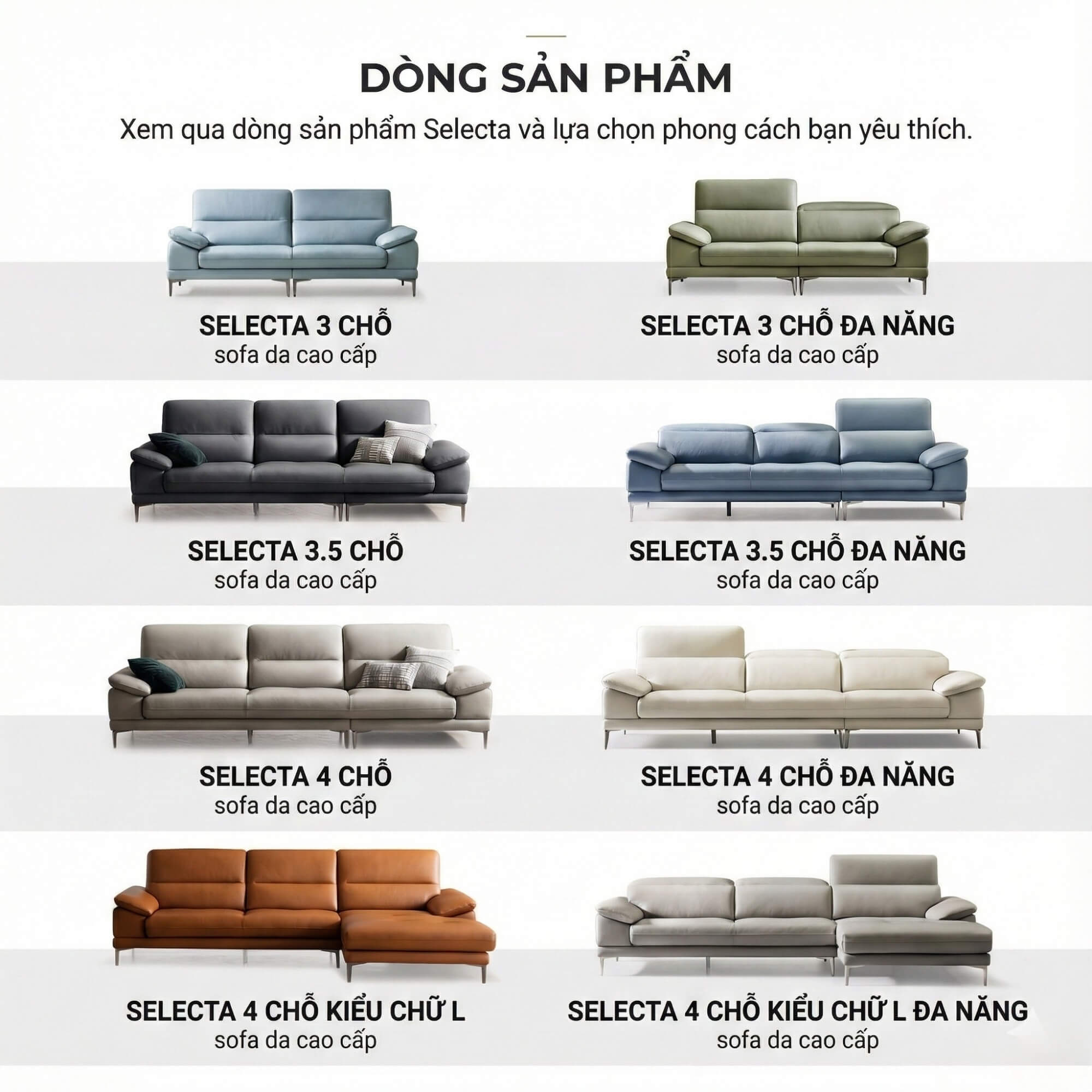 Sofa SELECTA - Sofa Da Cao Cấp Hiện Đại Có Tựa Đầu Điều Chỉnh Thông Minh 