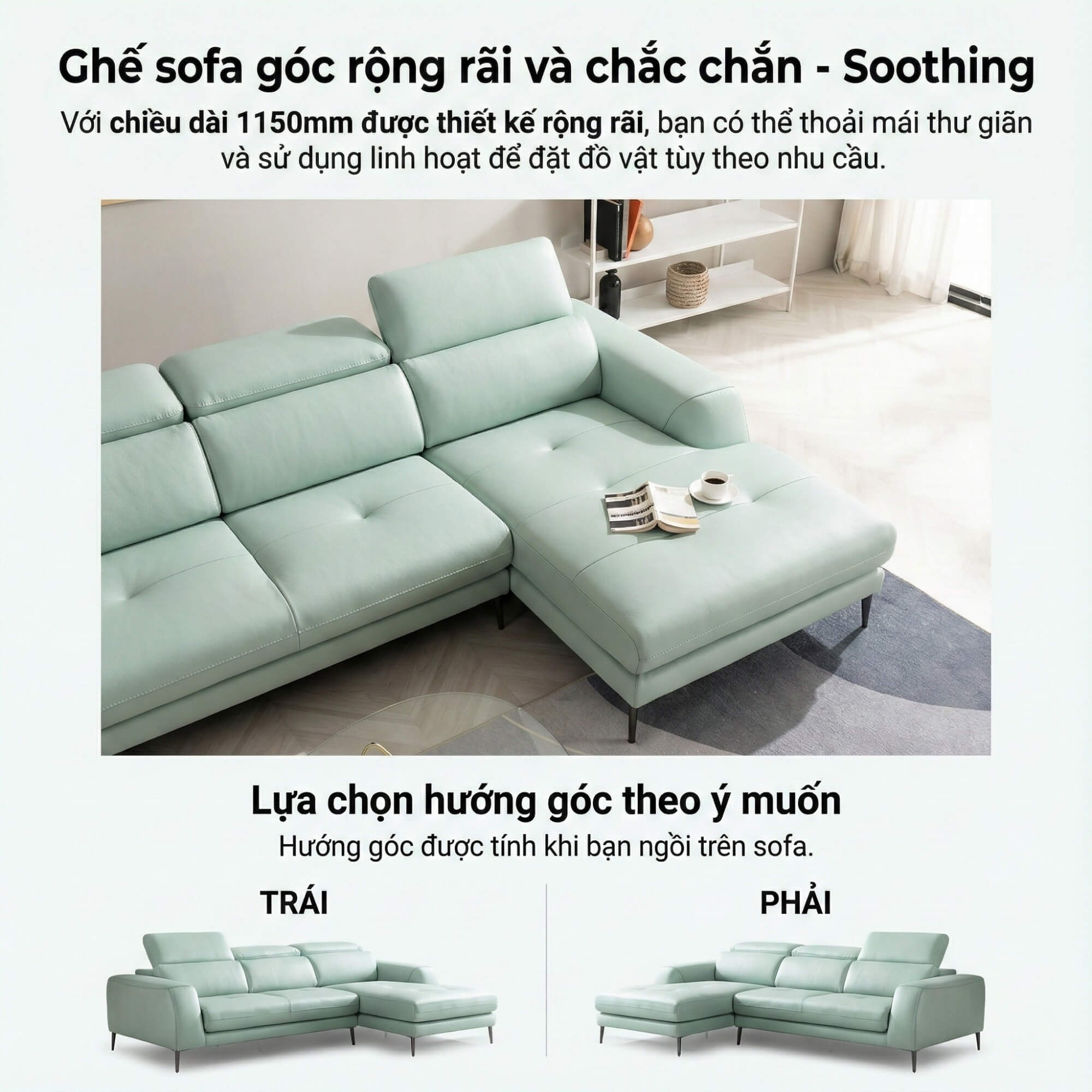 Sofa SOOTHING - Sofa Lệch Góc Êm Ái Với Tựa Đầu Tuỳ Chỉnh Thông Minh