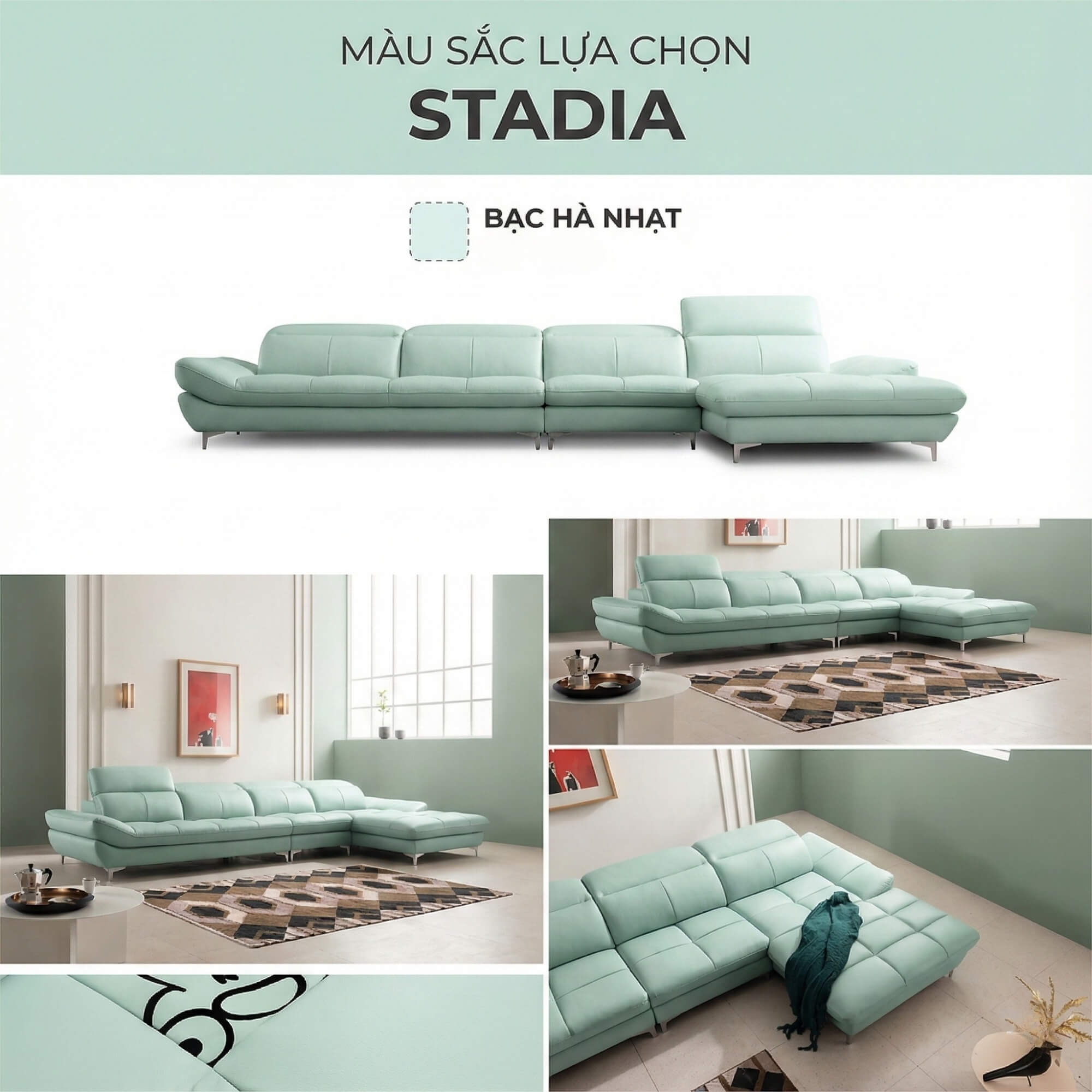 Sofa STADIA - Sofa Góc Bọc Da Thiết Kế Tựa Đầu Thông Minh