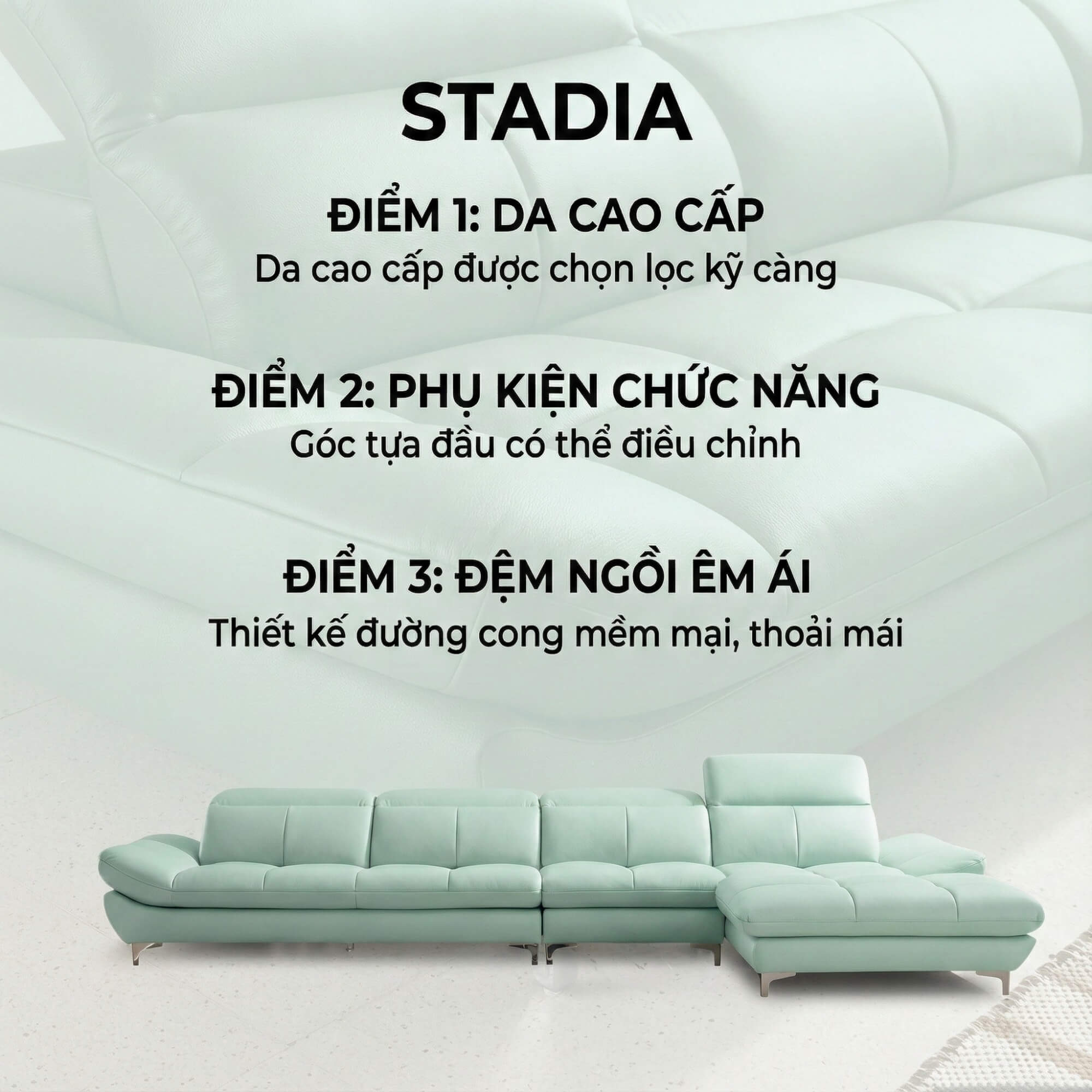 Sofa STADIA - Sofa Góc Bọc Da Thiết Kế Tựa Đầu Thông Minh