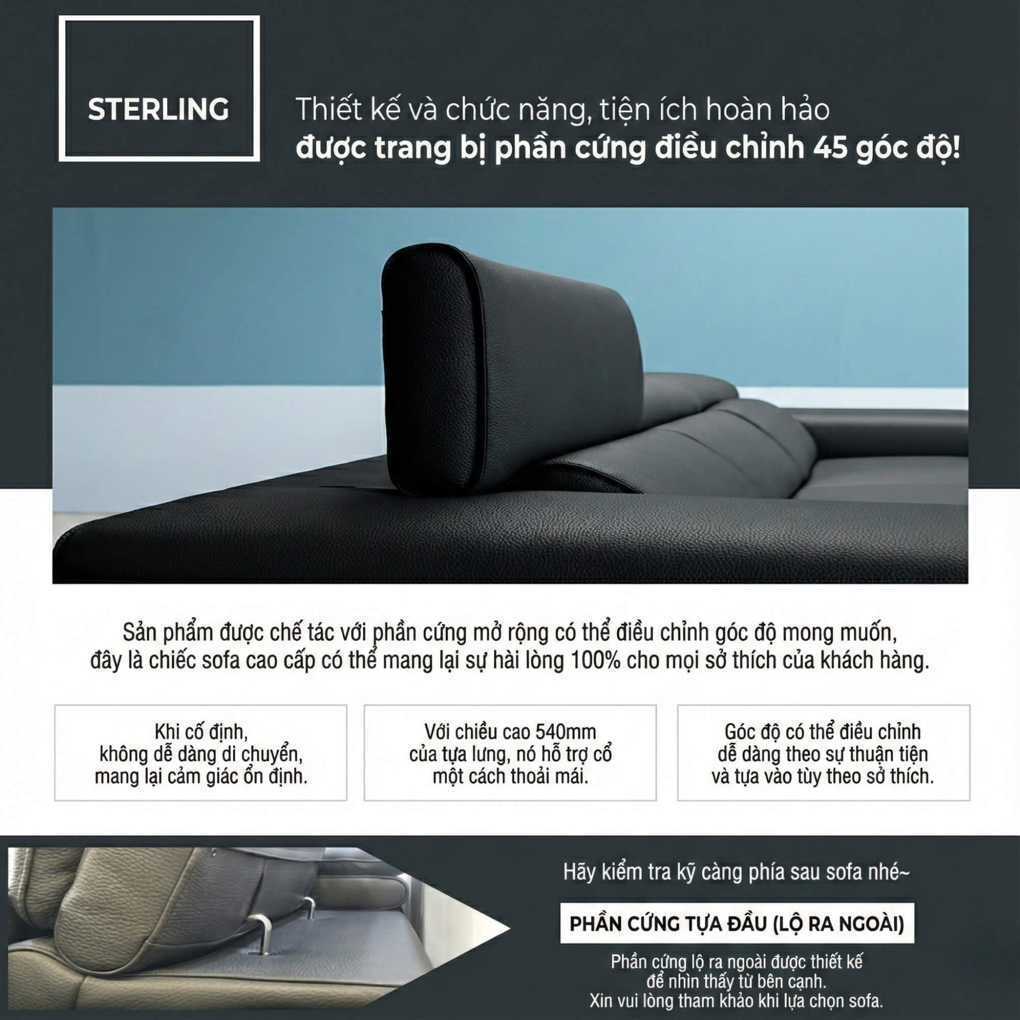 Sofa STERLING - Sofa Băng Cỡ Lớn Có Tựa Đầu Thông Minh Thiết Kế Mạnh Mẽ