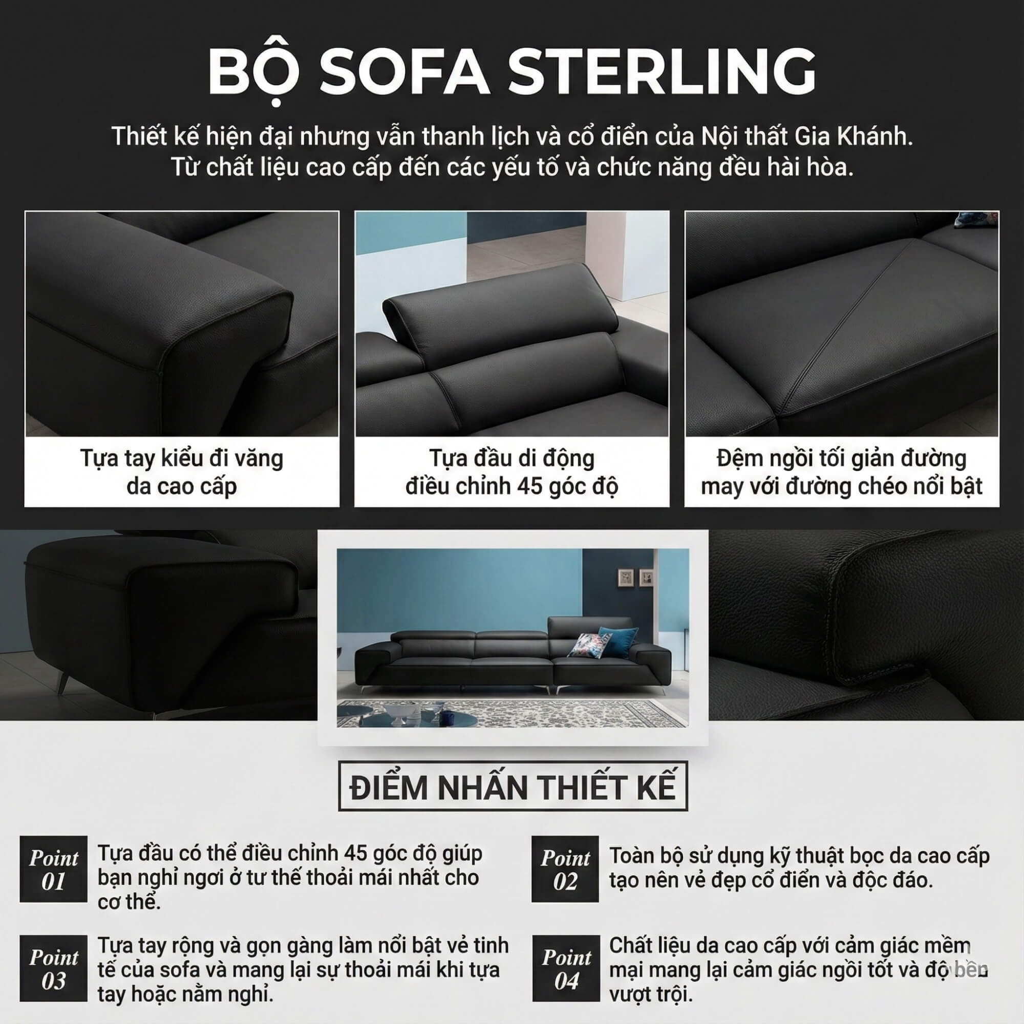 Sofa STERLING - Sofa Băng Cỡ Lớn Có Tựa Đầu Thông Minh Thiết Kế Mạnh Mẽ