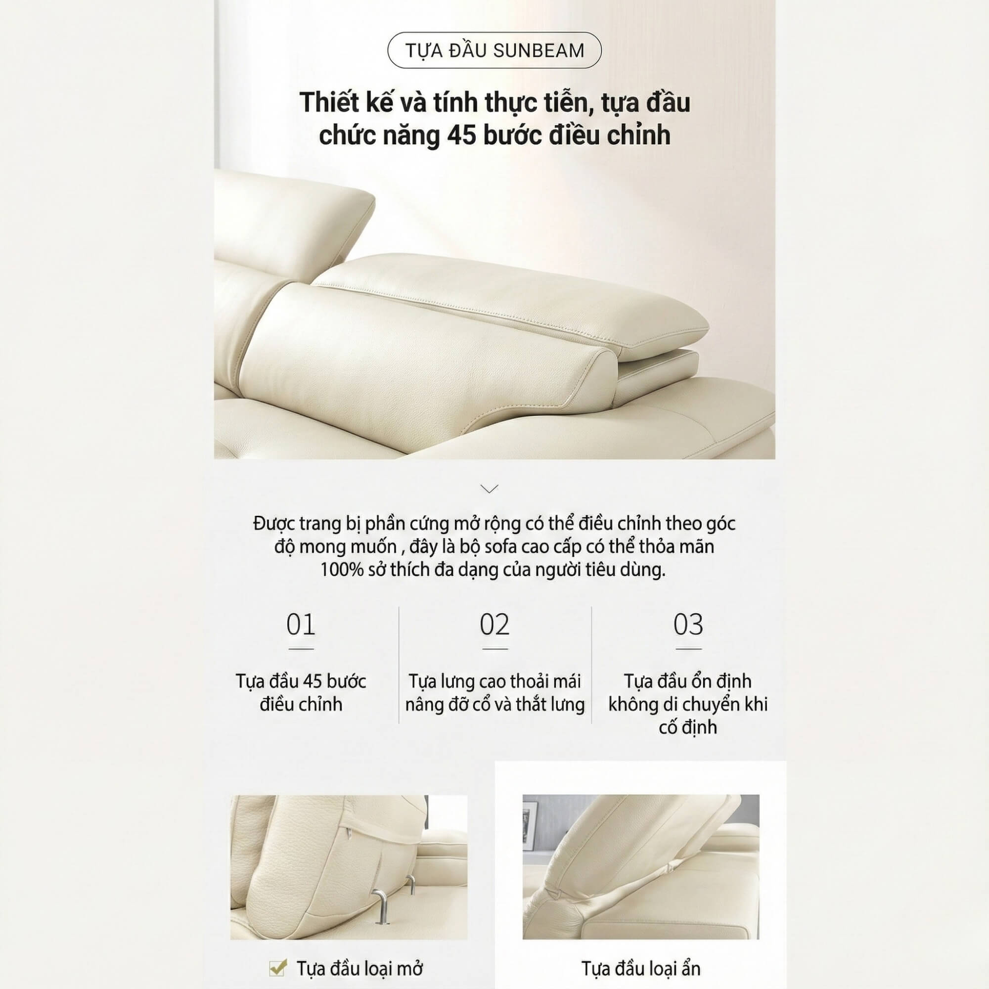 Sofa SUNBEAM – Sofa Da Hiện Đại Góc Chữ L Có Chức Năng Tuỳ Chỉnh