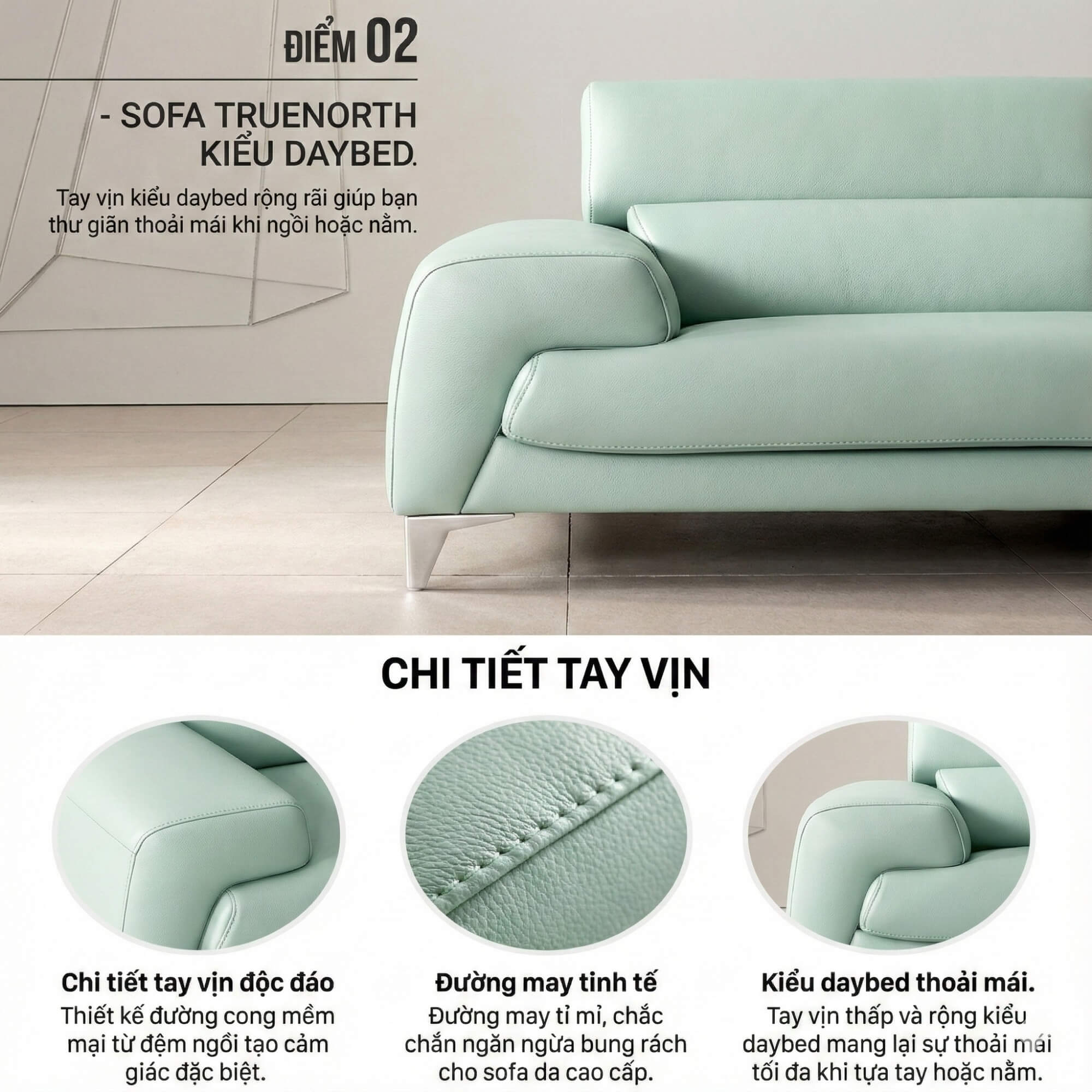 Sofa TRUENORTH - Sofa Băng Bọc Da Thiết Kế Mạnh Mẽ Có Tựa Đầu Linh Hoạt