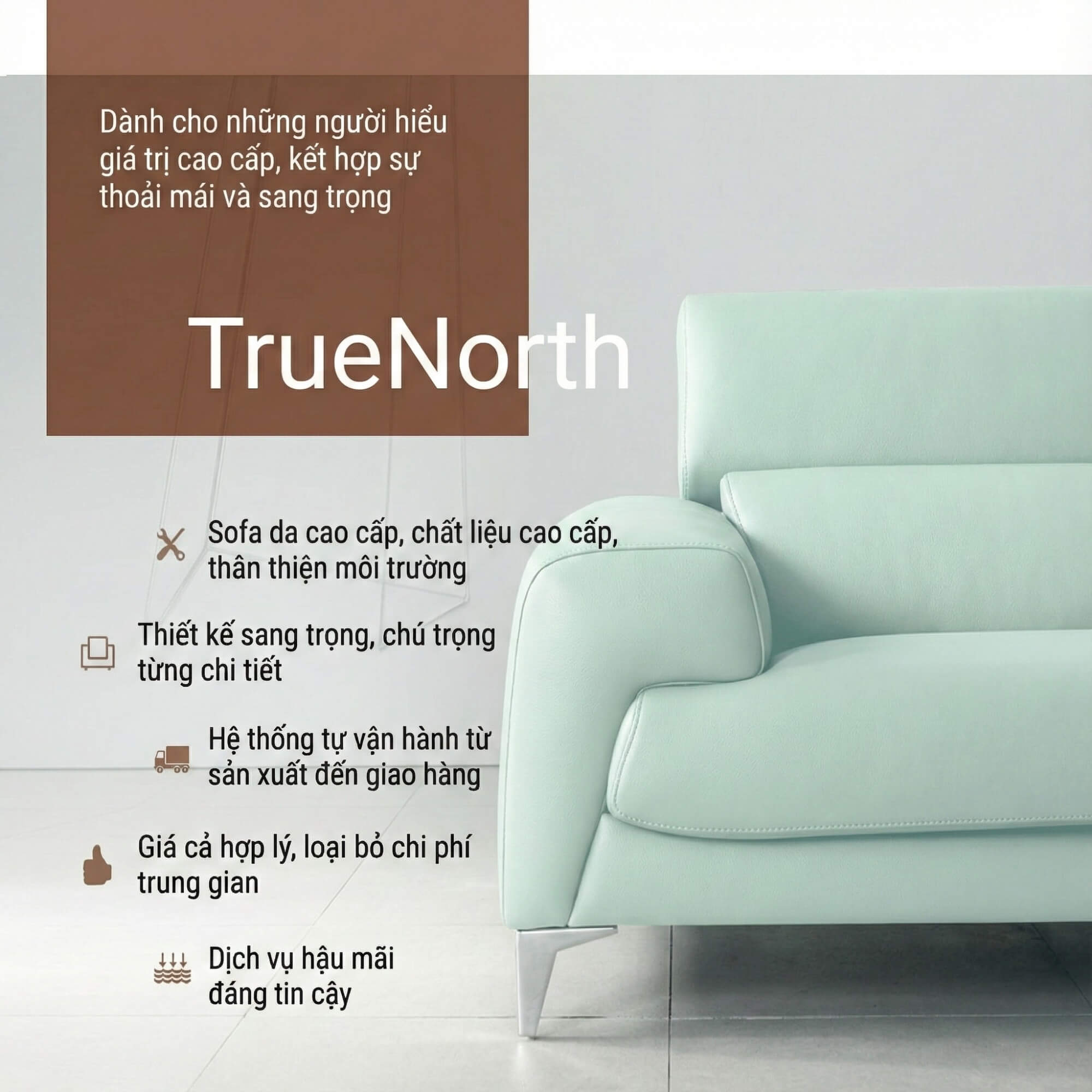 Sofa TRUENORTH - Sofa Băng Bọc Da Thiết Kế Mạnh Mẽ Có Tựa Đầu Linh Hoạt