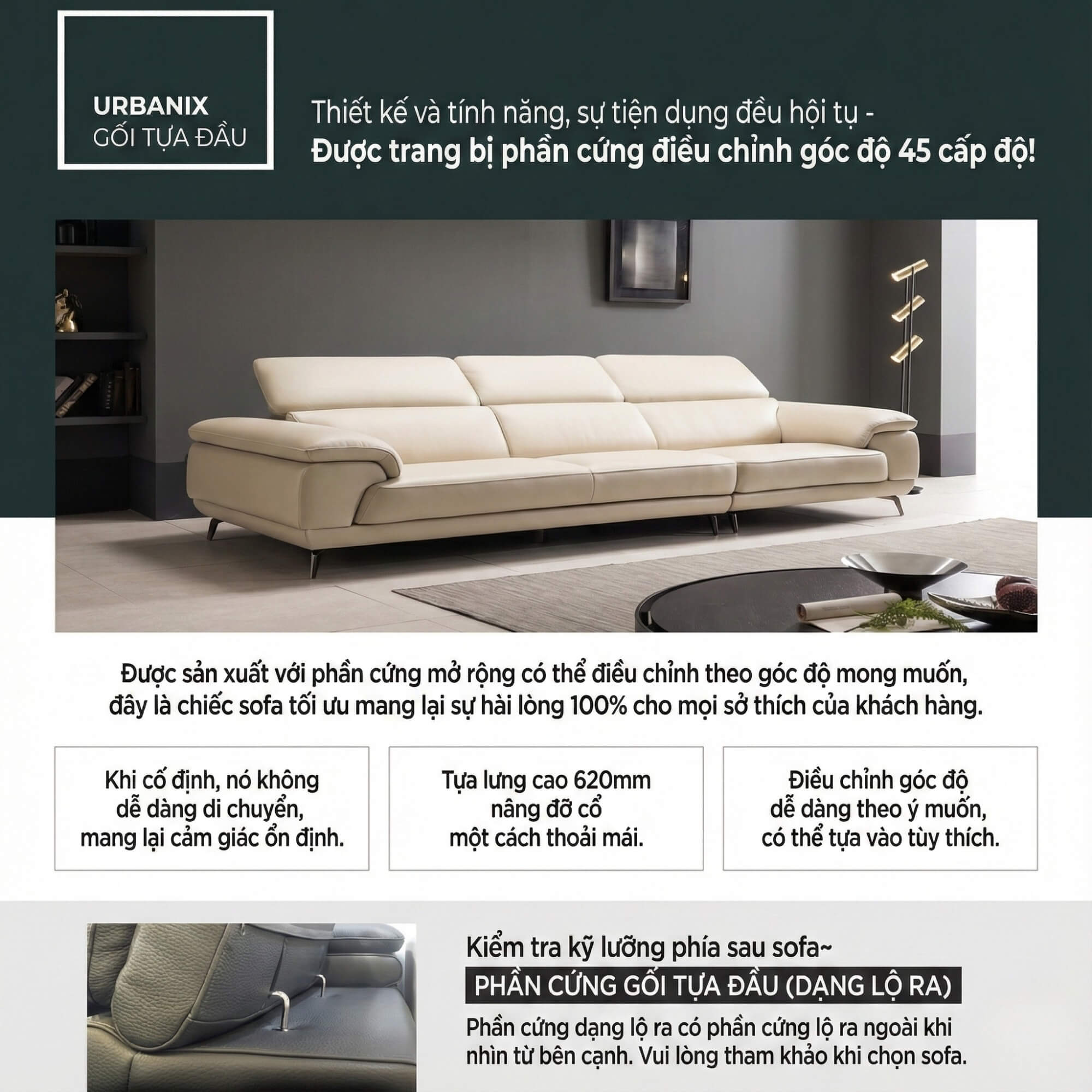 Sofa URBANIX - Sofa Da Dáng Văng Có Tựa Đầu Thông Minh