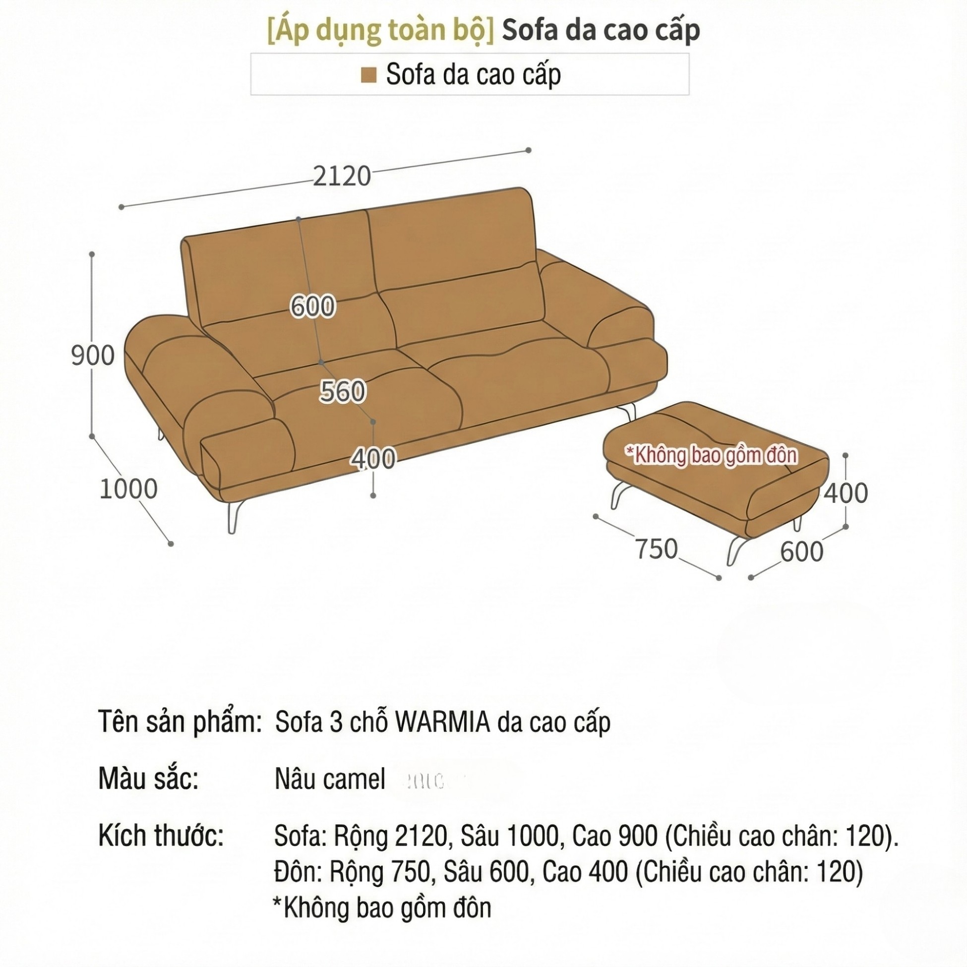 Sofa WARMIA – Sofa Da Cao Cấp Thiết kế Hiện Đại Tinh Tế Cho Phòng Khách Sang Trọng