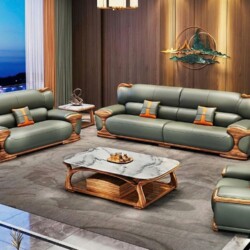 Bộ sofa gỗ mun SBW506-124 màu xanh rêu bọc da bò tự nhiên, với khung gỗ mun tự nhiên và tay vịn uốn lượn vân gỗ nổi bật, đ…