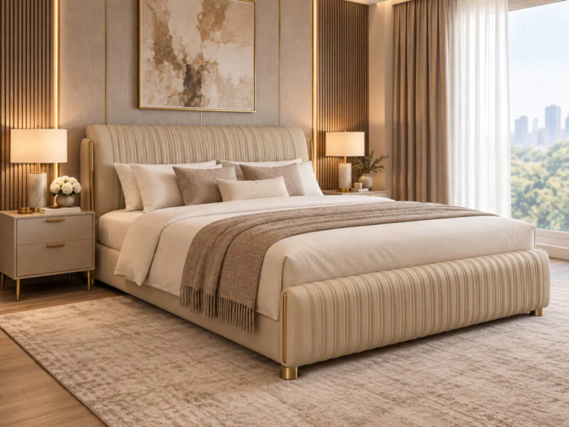 Giường Ngủ LUCERNE GIC380-18 chụp toàn cảnh trong phòng ngủ luxury. Giường bọc da màu kem, đầu giường bo cong với các đườn…