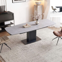 Bàn ăn thông minh mặt đá BA2184DT-3-B chụp chính diện, mặt đá kết hợp kính, chân nhôm sơn đen