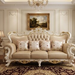 Băng sofa 3 chỗ SB921-1 được chụp từ góc hơi nghiêng, cho thấy rõ các gối tựa nhỏ họa tiết hoa văn và gối ôm màu cam nổi b…