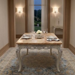Bàn ăn tân cổ điển mặt đá hồng ngọc long, khung gỗ sồi OAK màu trắng ngà, chân và yếm bàn chạm khắc tinh xảo. Bàn được bày…