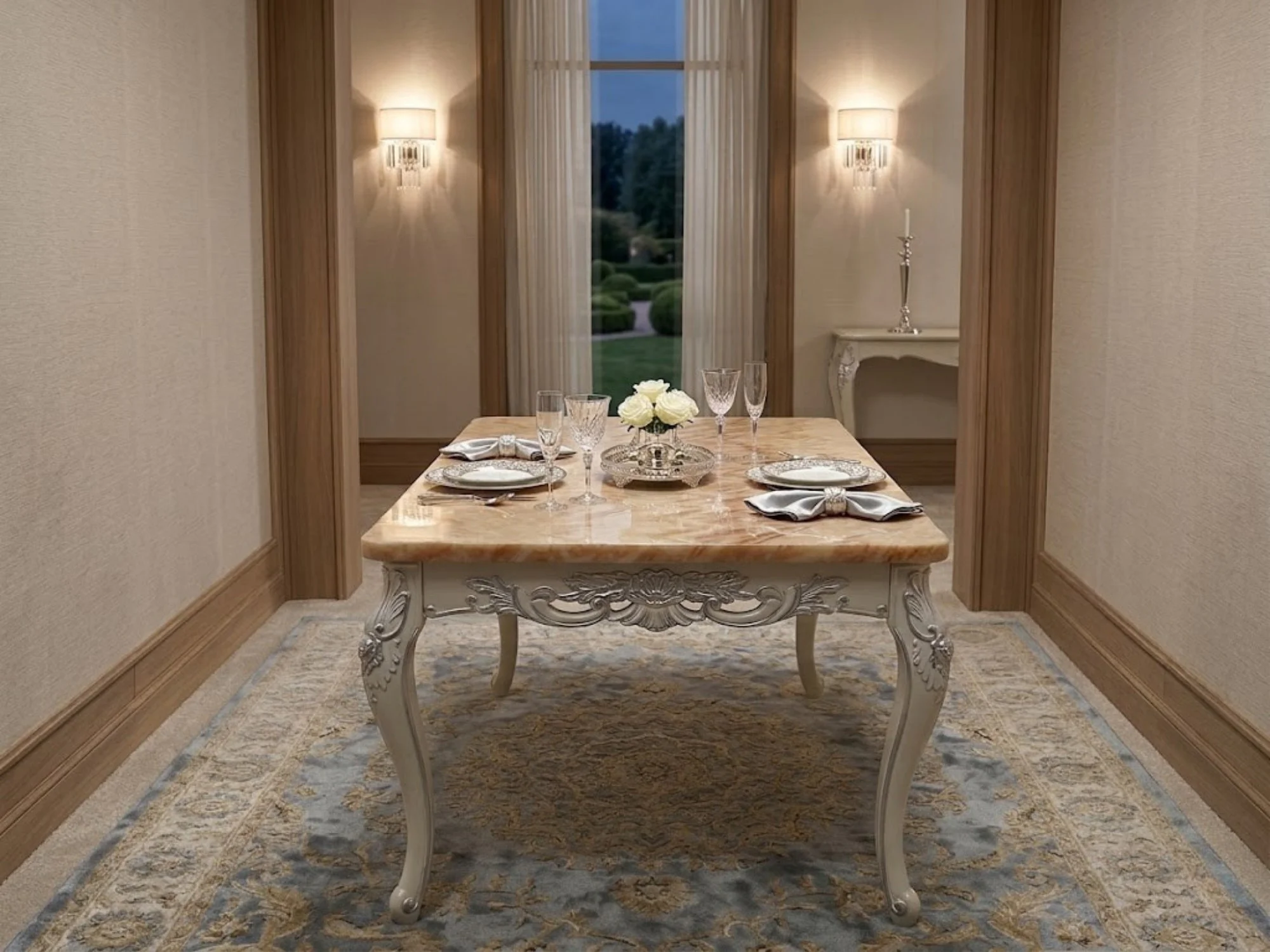 Bàn ăn tân cổ điển mặt đá hồng ngọc long, khung gỗ sồi OAK màu trắng ngà, chân và yếm bàn chạm khắc tinh xảo. Bàn được bày…