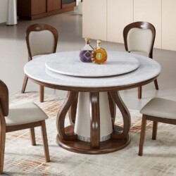 Bộ bàn ăn tròn BA2607-130 phong cách hiện đại, gồm một bàn tròn mặt đá cẩm thạch nhân tạo màu trắng vân xám với mâm xoay t…