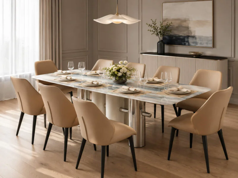 Bộ bàn ăn CELESTIA 6 ghế, chụp toàn cảnh từ trên cao xuống, mặt đá tinh thể trắng vân xám, chân trụ tròn màu trắng kem và…