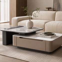 Toàn cảnh bàn trà MONVERA BTK6100 trong không gian phòng khách ấm cúng với sofa màu kem và thảm trải sàn. Bàn có thiết kế…