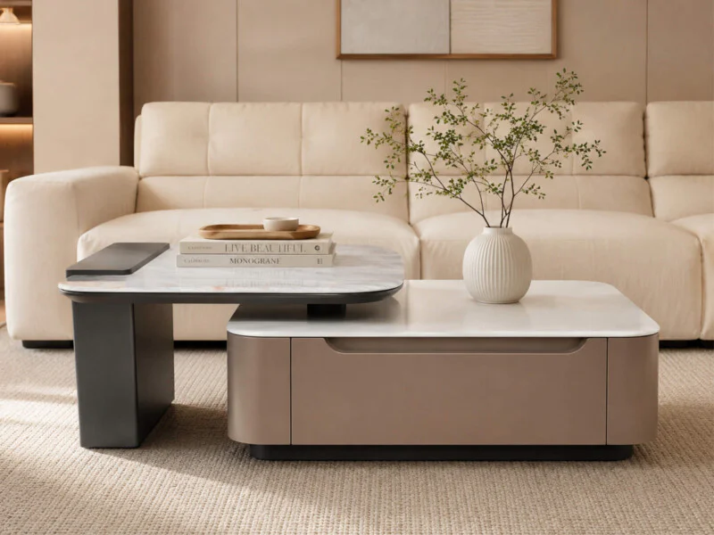 Bàn trà MONVERA BTK6100 được bài trí trong phòng khách hiện đại với sofa màu kem nhạt. Bàn có mặt đá vi tinh thể vân xám…