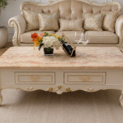 Bàn trà Rosavelle phong cách tân cổ điển, mặt đá hồng ngọc long nhân tạo, khung gỗ sồi OAK tự nhiên sơn Lacker màu kem, nổ…