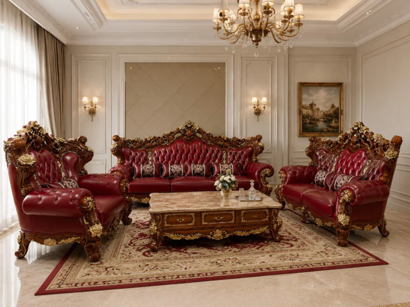 Bộ phòng khách CRIMSON EMPEROR được bố trí hài hòa trong không gian sang trọng, nhìn từ góc chính diện. Sofa băng dài, hai…