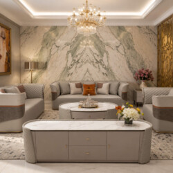 Toàn cảnh bộ sofa IMPERIO SFGD52-123 gồm ba băng ghế và bàn trà, bàn phụ trong không gian phòng khách luxury. Ghế bọc da m…