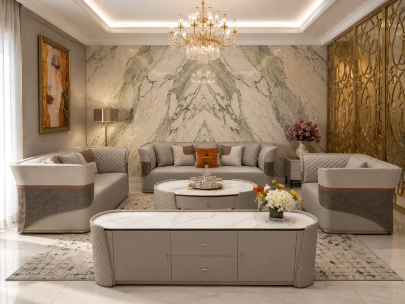 Toàn cảnh bộ sofa IMPERIO SFGD52-123 gồm ba băng ghế và bàn trà, bàn phụ trong không gian phòng khách luxury. Ghế bọc da m…