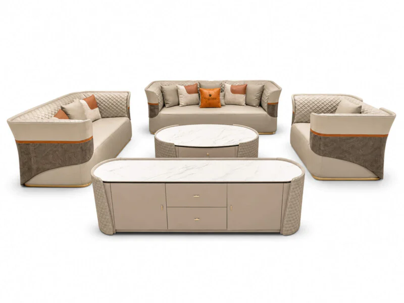 Bộ sofa IMPERIO SFGD52-123 được chụp tách rời trên nền trắng, thể hiện rõ các thành phần: ba băng ghế sofa và một bàn trà…