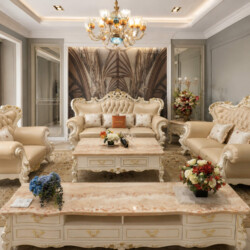 Góc nhìn rộng bộ sofa Royal Symphony SB921-1 trong không gian phòng khách tân cổ điển. Bộ sofa da màu kem với khung gỗ Sồi…