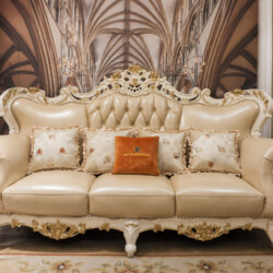 Cận cảnh băng sofa 3 chỗ SB921-1 từ góc chính diện, nổi bật với đường cong mềm mại, tựa lưng rút múi và đệm ngồi bọc da bò…