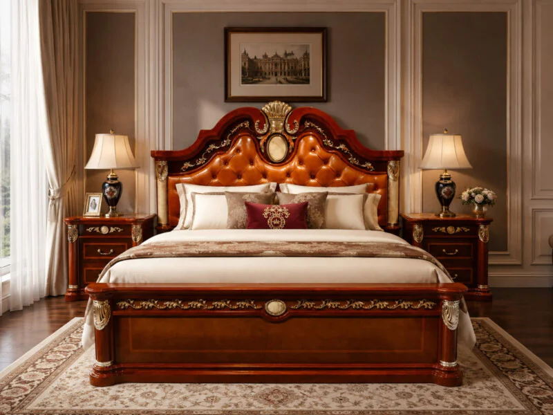 Giường ngủ King size phong cách tân cổ điển, chụp chính diện. Đầu giường bọc da bò tự nhiên màu nâu vàng với các nút rút m…