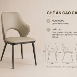 Hình ảnh minh họa ghế ăn hiện đại GAA370 màu be, bọc da nhân tạo, kèm theo thông số kỹ thuật chi tiết. Kích thước L540*W50…