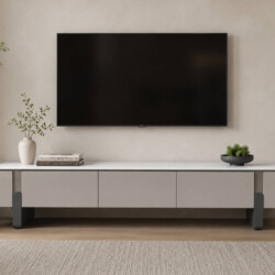 Kệ tivi LUNA hiện đại KT6209-20 được chụp chính diện trong không gian phòng khách tông màu sáng. Kệ có mặt đá vi tinh thể…