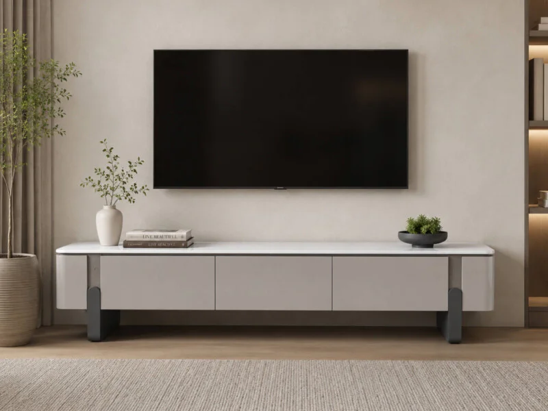Kệ tivi LUNA hiện đại KT6209-20 được chụp chính diện trong không gian phòng khách tông màu sáng. Kệ có mặt đá vi tinh thể…