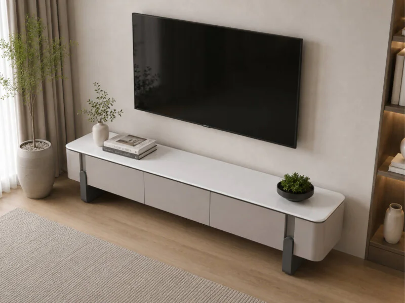 Góc chụp hơi nghiêng từ bên trái của kệ tivi LUNA KT6209-20, cho thấy rõ hơn chiều dài và độ sâu của sản phẩm. Kệ có thiết…