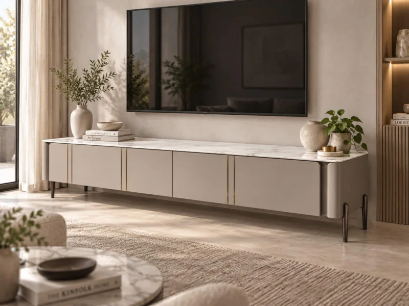 Kệ tivi VALENCIA hiện đại màu xám ghi, mặt đá phiến vân trắng, đặt trong phòng khách sang trọng. Kệ có nhiều ngăn kéo ẩn…