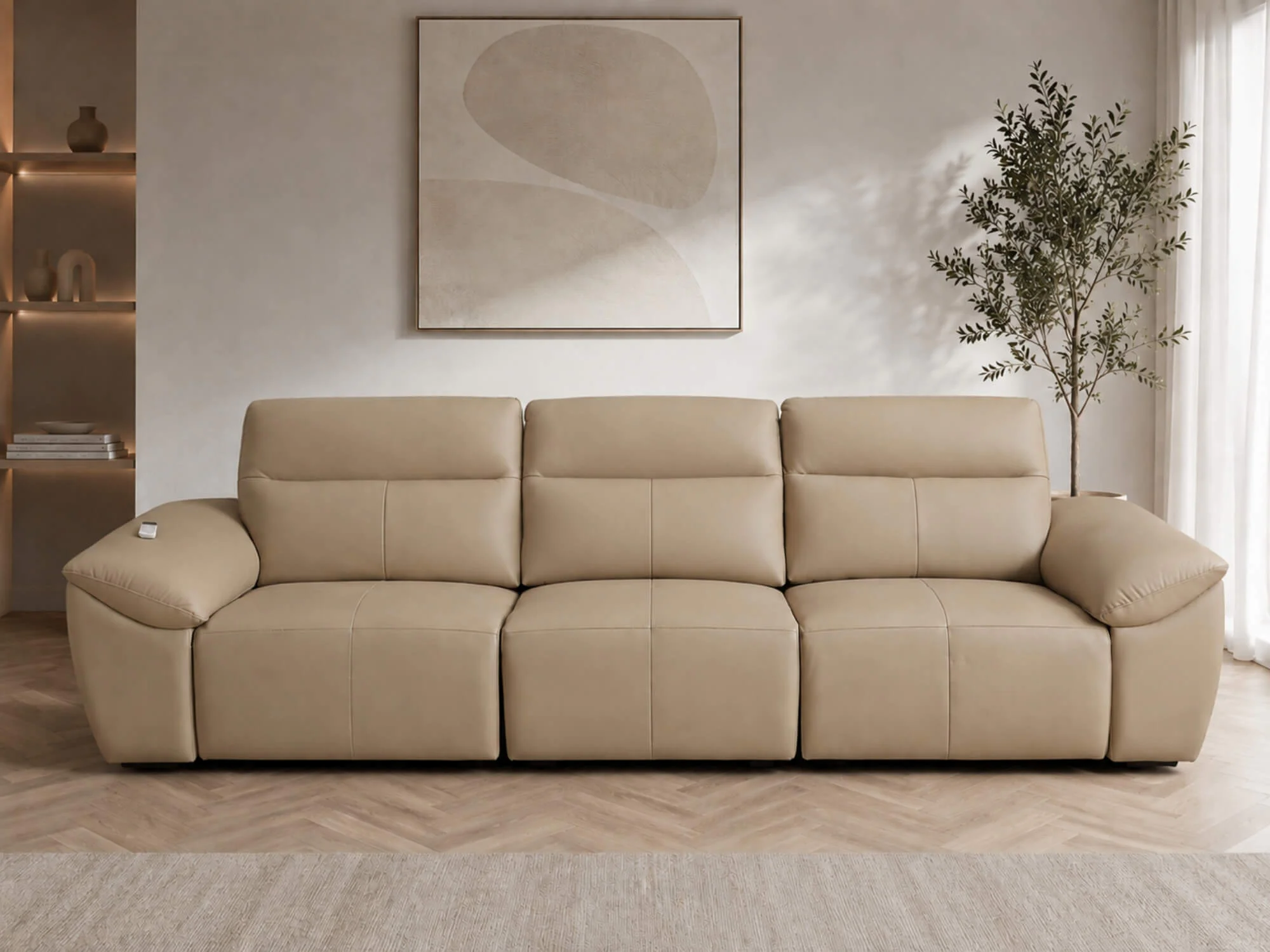 Sofa băng chỉnh điện CALISTA SF2887 màu be nhạt, đặt chính diện trong phòng khách hiện đại. Ghế có ba chỗ ngồi, tựa lưng v…
