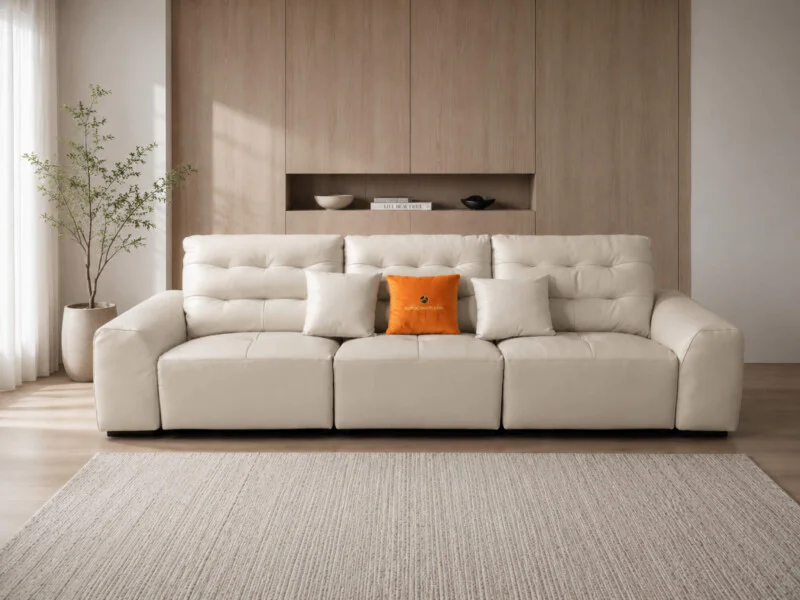 Sofa băng điện AUREO màu kem nhạt được chụp chính diện, đặt trong phòng khách phong cách tối giản. Tường ốp gỗ và thảm trả…