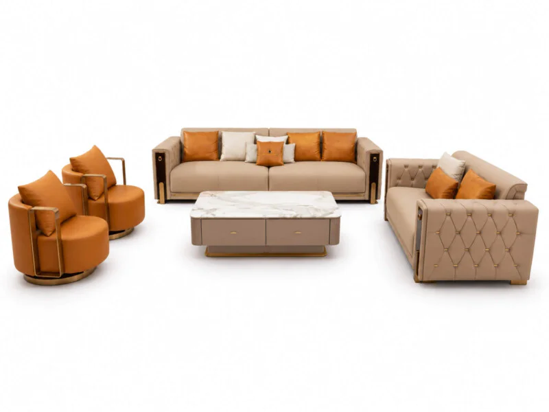Bộ sofa Luxury Novéllo SBQ016 được chụp từ góc trên cao trên nền trắng, thể hiện rõ bố cục và các thành phần của bộ sản ph…