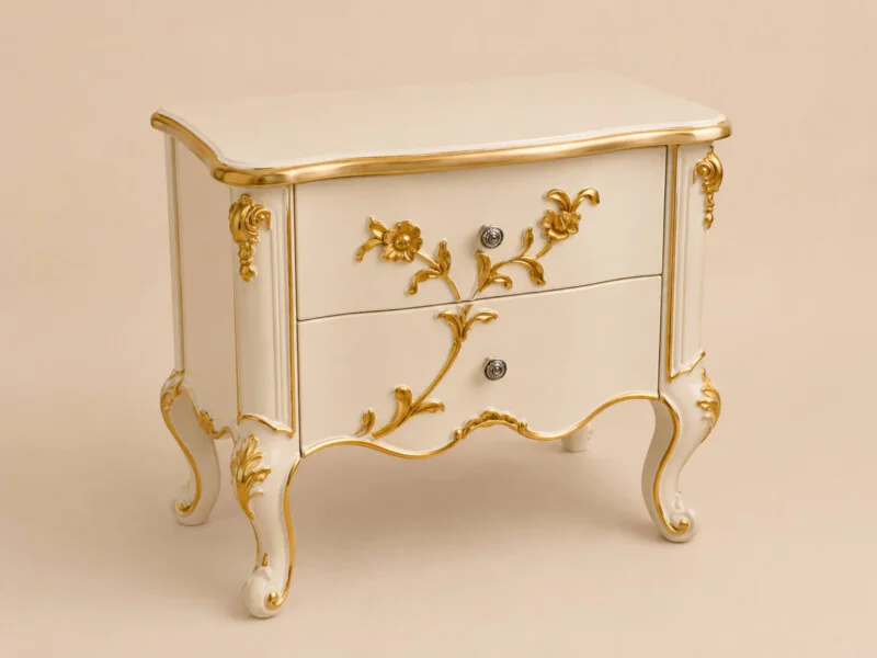 Tủ đầu giường TAD02 chụp góc 3/4 từ phía trước bên phải, nổi bật các đường cong mềm mại và họa tiết hoa lá chạm khắc tinh…