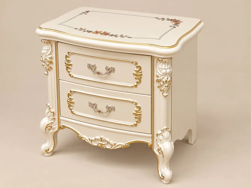 Tủ đầu giường FLEUR DE LUNE TA8802H chụp chính diện trên nền trắng, nổi bật với thiết kế tân cổ điển. Tủ có hai ngăn kéo…
