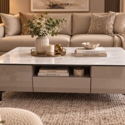 Bàn trà MONZA BT2515-130 hình chữ nhật, mặt đá trắng vân mây, thân màu ghi bóng. Bàn có một hộc mở và một ngăn kéo ở giữa…