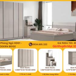 Tổng thể combo phòng ngủ hiện đại màu be, bao gồm giường đôi, tủ quần áo 5 cánh, bàn trang điểm và tủ đầu giường, được sắp…